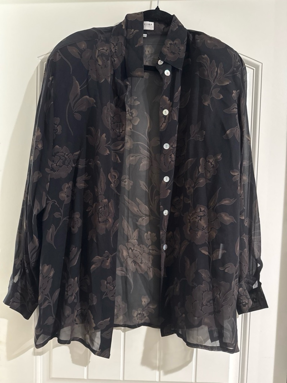 Floral Sheer Button-Up Shirt with Shoulder Pads - Black/Brown